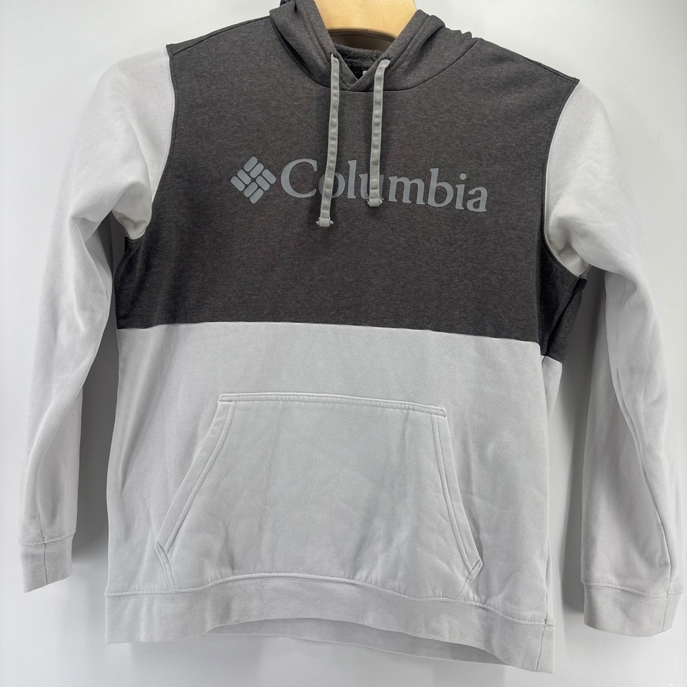 Columbia Hoodie Mens Large Gray White Colorblock Logo Fleece Pullover AM3526